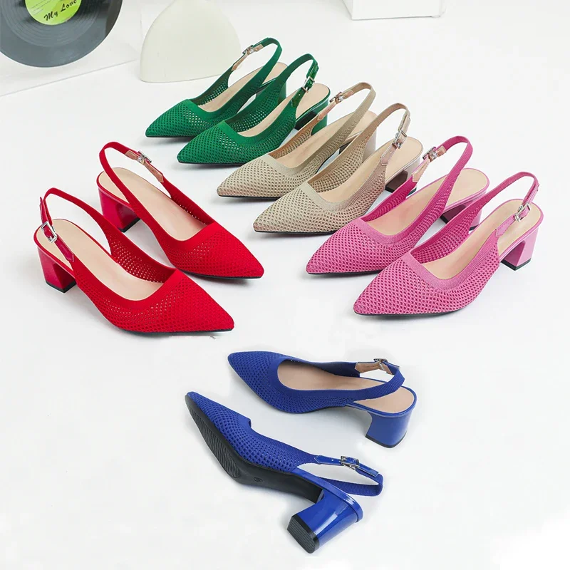 

Сандалии 2024 летние женские на высоком каблуке Новинка острый вязаный дышащий сетчатый материал (высота 6 см)