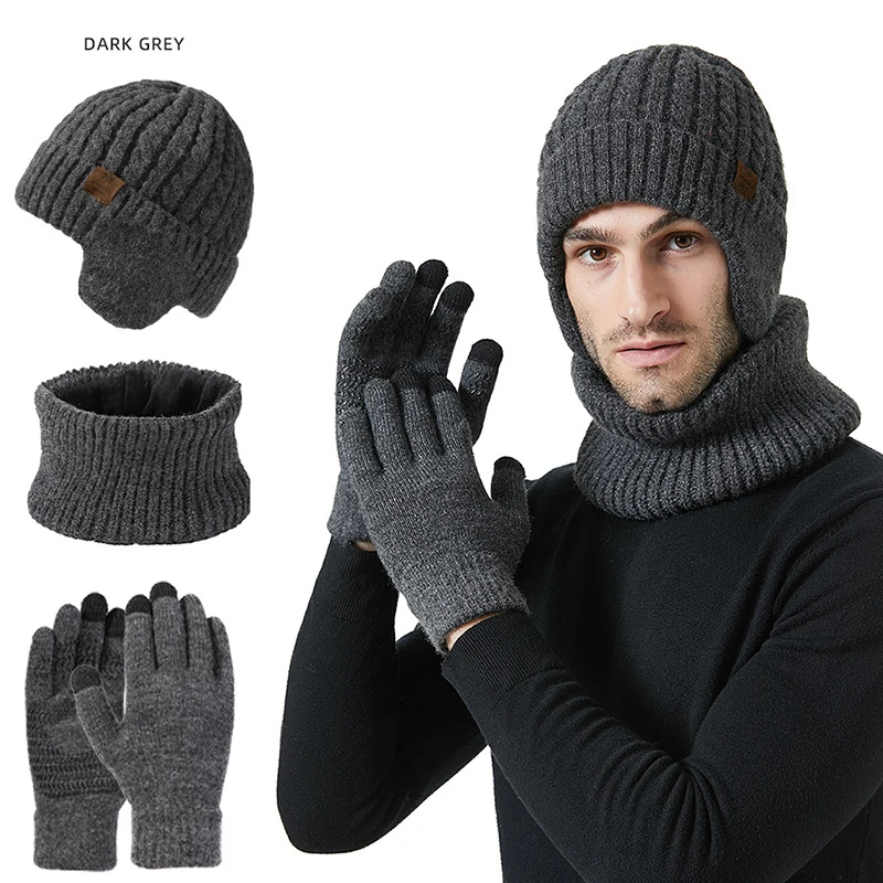 Mulheres e homens Lã Malha Beanie Chapéu Cachecol, Luvas Touch Screen, Cachecóis de malha quentes, Proteção de ouvido, Gorros de lã, Inverno, 3 peças por conjunto