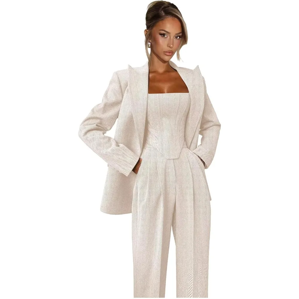 Tweed Suits for Women Business Casual 3 Piece Double Breasted Pant Suits for Women Herringbone Womens Suit