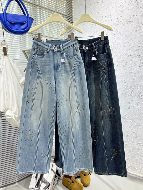 

Heavy Embellied Wide Leg Denim Jeans Women's High Waist Patchwork Loose Fit Spring New Sle Commute Sle Blue Jeans
