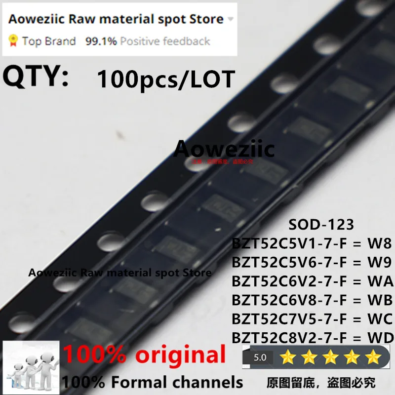 Aoweziic 2023+ 100% New Imported Original BZT52C5V1 W8 BZT52C5V6 W9 BZT52C6V2 WA BZT52C6V8 WB BZT52C7V5 WC BZT52C8V2 WD SOD-123