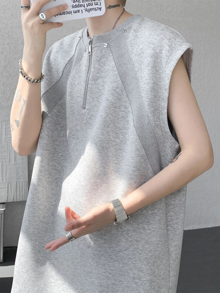 

Rivet Design Loose Fit Svel Zipper Decorated Spor Vest for Men Summer Youth Trendy Sweat Absorbent Breathable T-irt