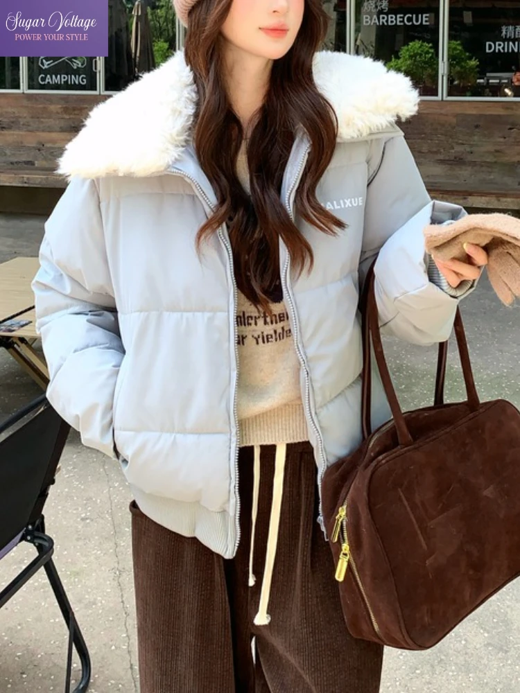 

Короткая хлопковая стеганая куртка в американском стиле ретро, женская зимняя теплая утепленная дубленка с воротником, свободная посадка, повседневное элегантное пуховое пальто