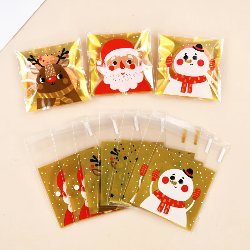 100Pcs Christmas Candy Bag Cartoon Santa Claus Elk Pattern Cookie Snack Packaging Bag With Adhesive 2024 Merry Christmas Navidad