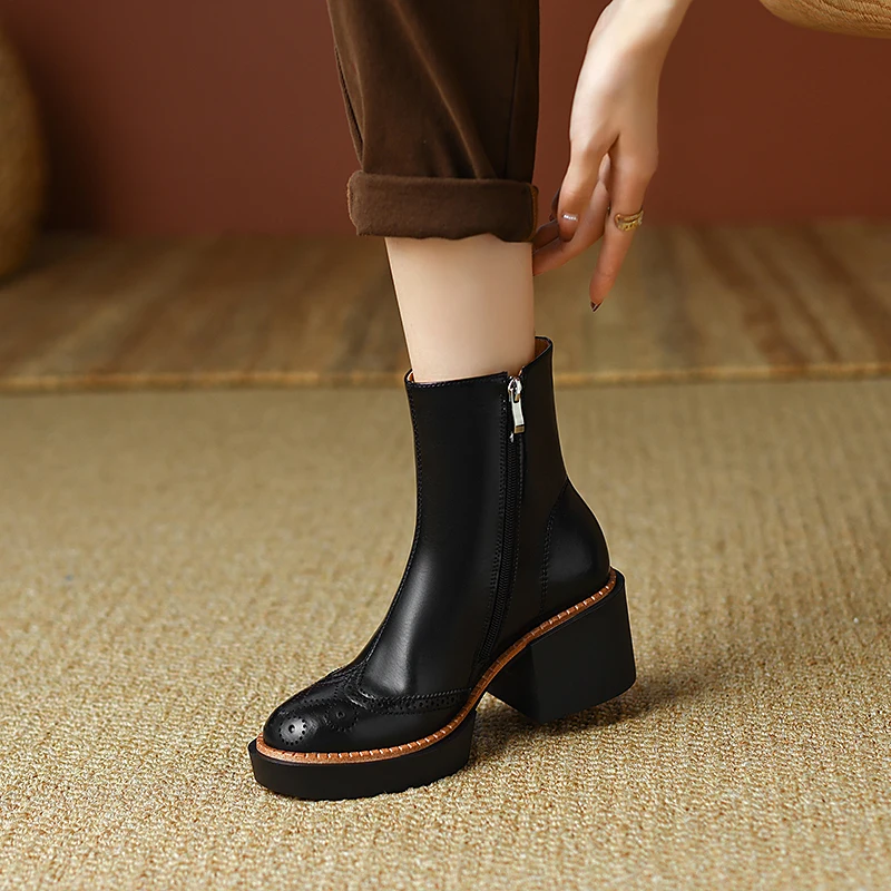 2022 New Retro Mature Female Concise Women Ankle Boots Split Leather Thick Heels Autumn Winter Side Zipper Office Shoes Woman