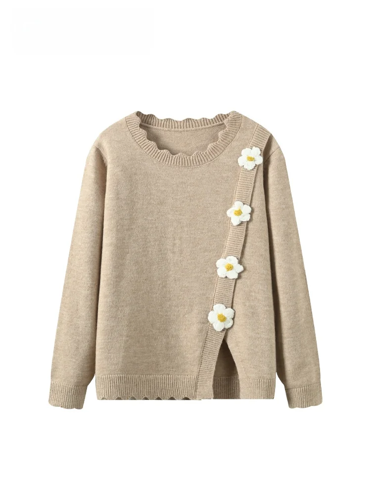 

Cara CLUB plus Size Floral Trim Collar Long Sve Women's Sweater Spring Faion Asymmetric Design Knitted Top for Plump Sister