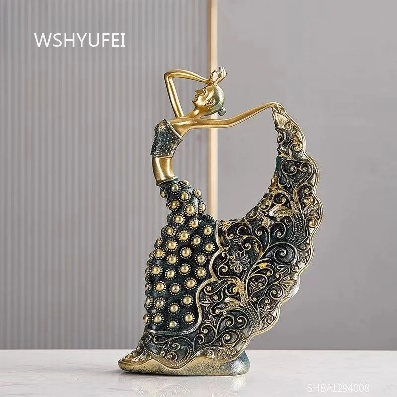 Resin Peacock Dancing Girl Statue Vintage Embossed Pattern Dancer Figurine With Gold Accent For Living Room Table Decor