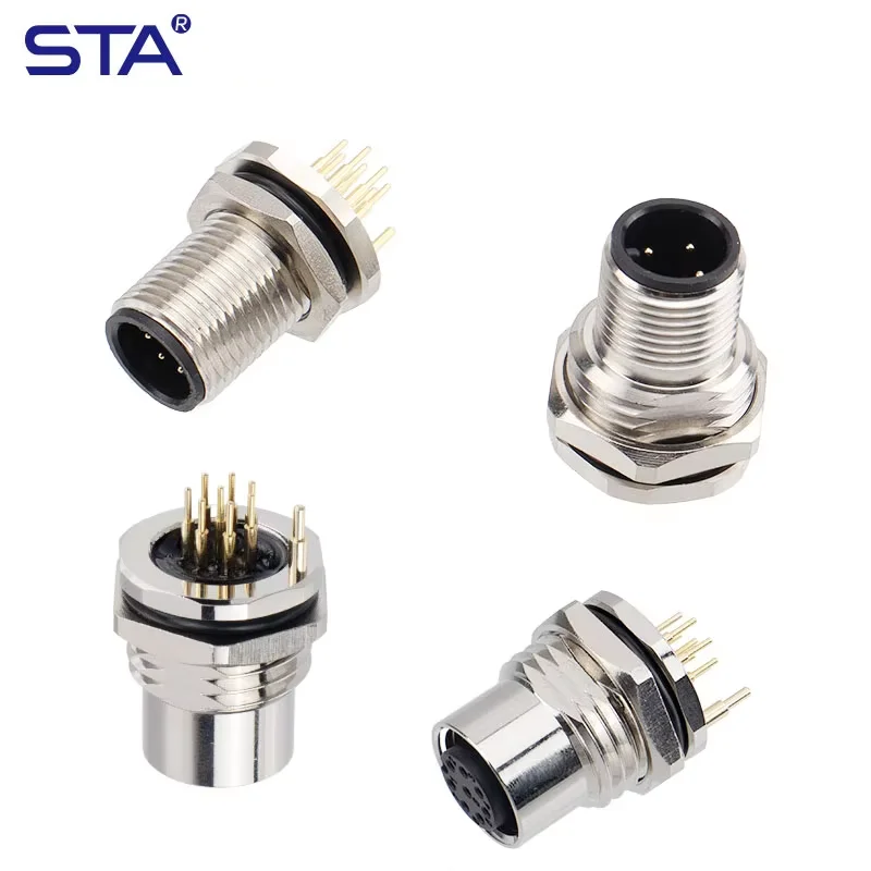 M12 Waterproof Connector Male Female PCB Zinc Alloy Metal Panel Mount Grounded Socket Aviation Plug 2 3 4 5 6 8 12 17 Pin