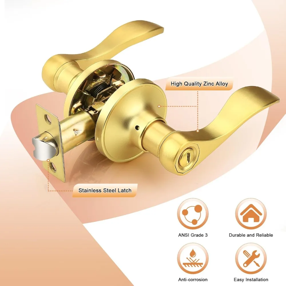 Interior Door Handle Wave Style Privacy Door Lever Gold Bed and Bath Handle Interior Keyless Leverset Lockset, Left/Right Hande