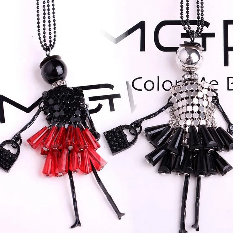 Trend Long Red Black Girl Doll Beads Pendant Necklace for Women Girl Exaggerate Crystal Tomentum Figure Necklace Jewelry Gift