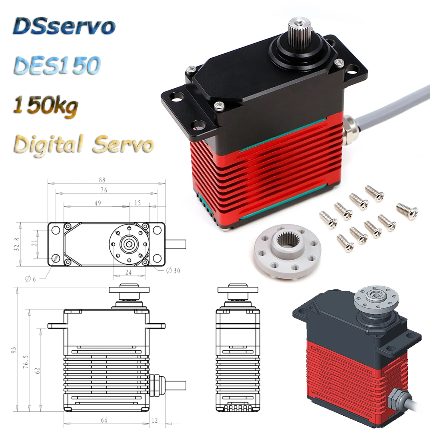 

Original DSservo DES150 150kg Digital Servo High-Torque IP67 Waterproof Industrial Brushless Motors 180°/270° High Power 12V/24V