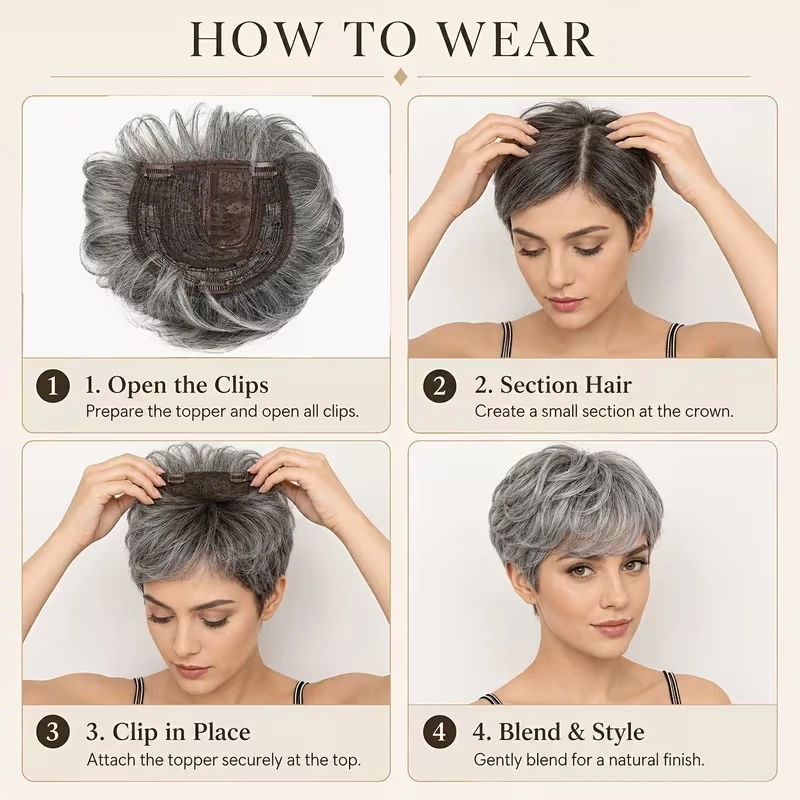 Synthetic Short Hair Topper Lightweight Fiber Hair Extension for Increase Volume Cover White Hair Effortless Daily Use Styling view 5