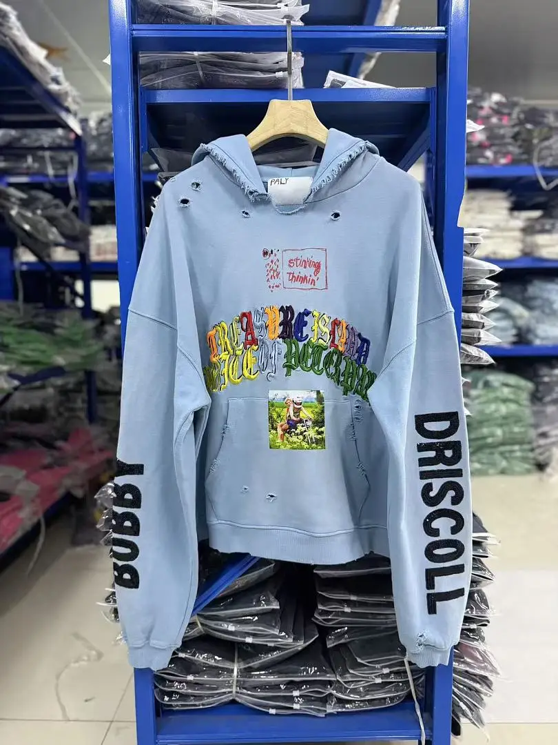 2026ss Paly Loose Drop‑shoulder Hoodie Distressed  Washed  Women Men Embroidery Hooded Sweatshirt Hoodies