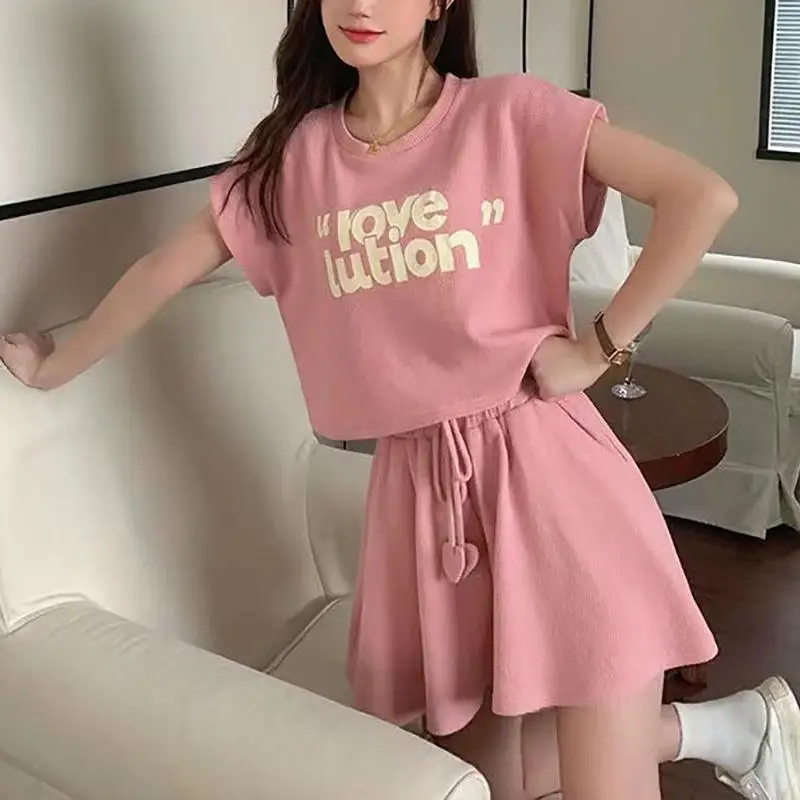 Summer 2024 Women's Sportswear Set Sweet And Salty Vest T-shirt Wide Leg Shorts Running Two-piece Set Casual Style for Middle...