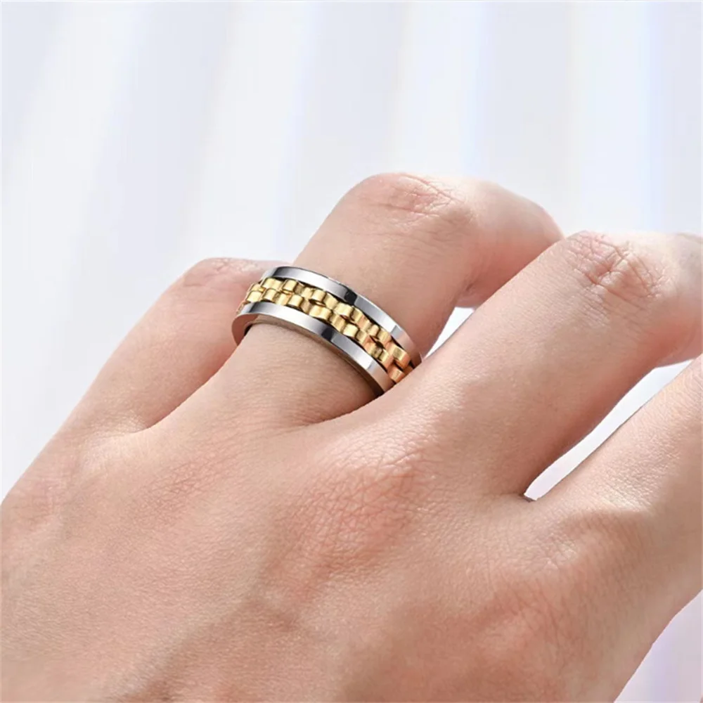 Anxiety Fidget Spinning Ring 8mm Silver Color Stainless Steel Rotatable Spinner Chain Rings for Woman Man Anti-stress Jewelry