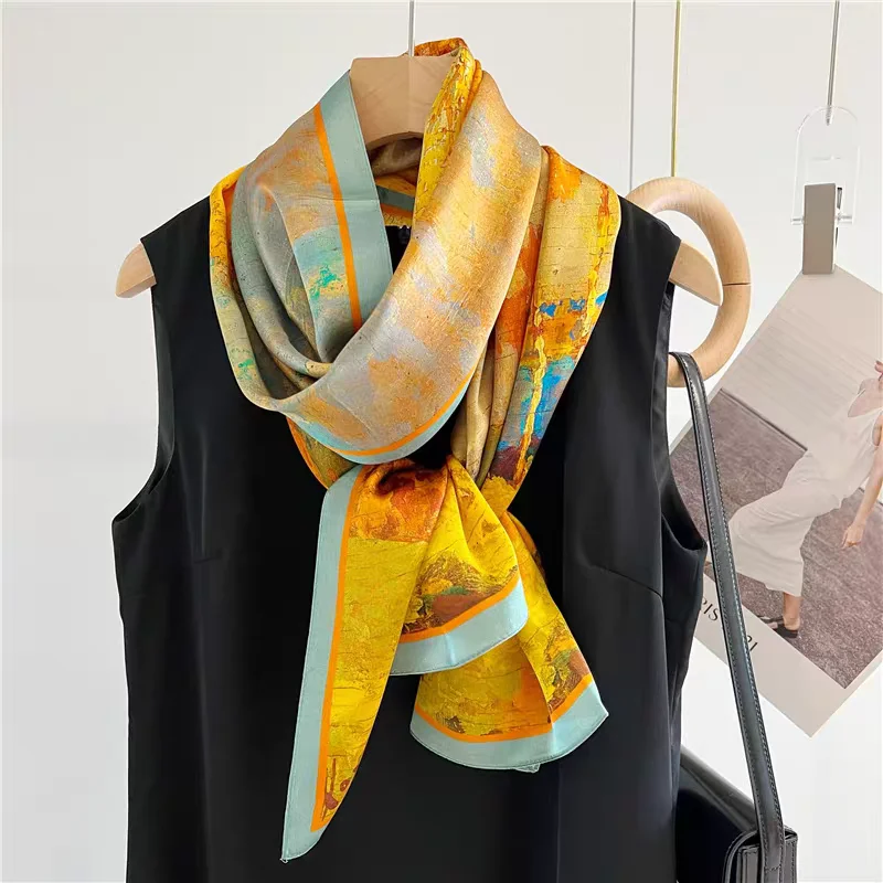 100% Mulberry Silk Long Scarf for Women Oblong Shawls for Headscarf Neck- Oblong Hair Wraps Gift Packed Orange Landscape Print