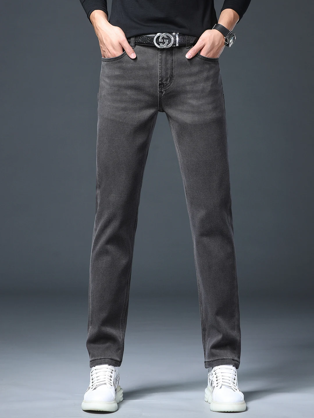 

ey Slim Fit Straight Leg Jeans Men's Casual Trendy Versatile Autumn Winter High Waist Cotton Stretch Denim Pants