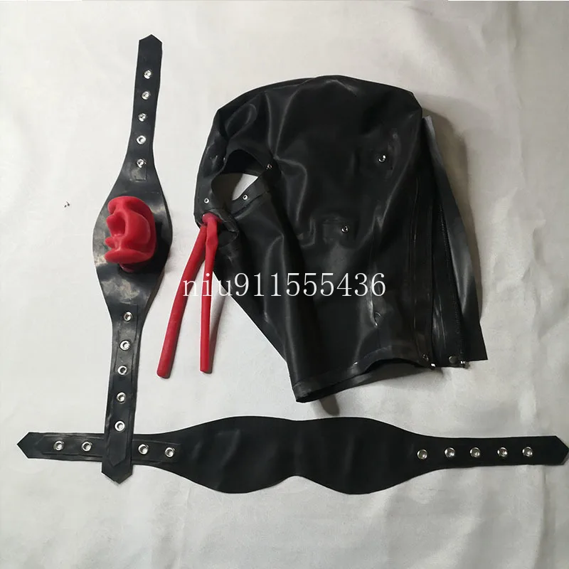 

Handmade Latex Hoods Full Cover Rubber Mask with Eyes Cover Teeth Gag Long Nose Tube