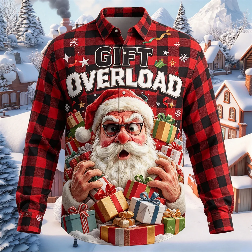 3D Santa Button Up Shirts Ugly Christmas Shirt for Men Long Sleeve Plaid Button Down Shirt Snow Fox Xmas Holiday Party Tops Gift