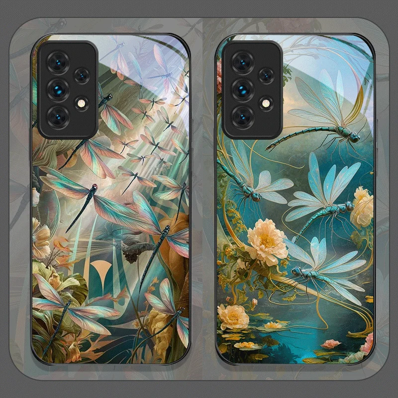 Vintage Dragonflies Floral Pattern Tempered Glass Phone Case for Samsung Galaxy A06 A72 A55 A54 A53 A52 A36 A15 A14 A13 5G Cover