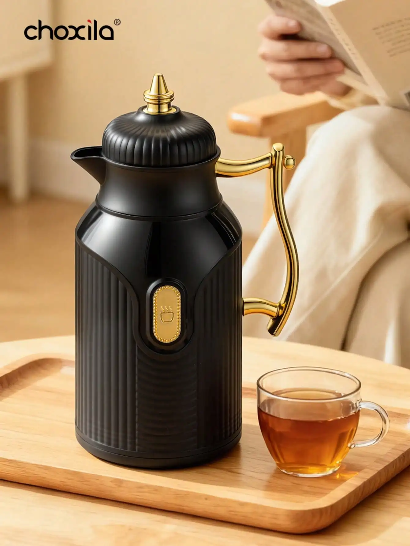 1pc Large-capacity insulated kettle, gold-plated style teapot, coffee kettle, thermos, hot water bottle, press-type glass inner - view 3