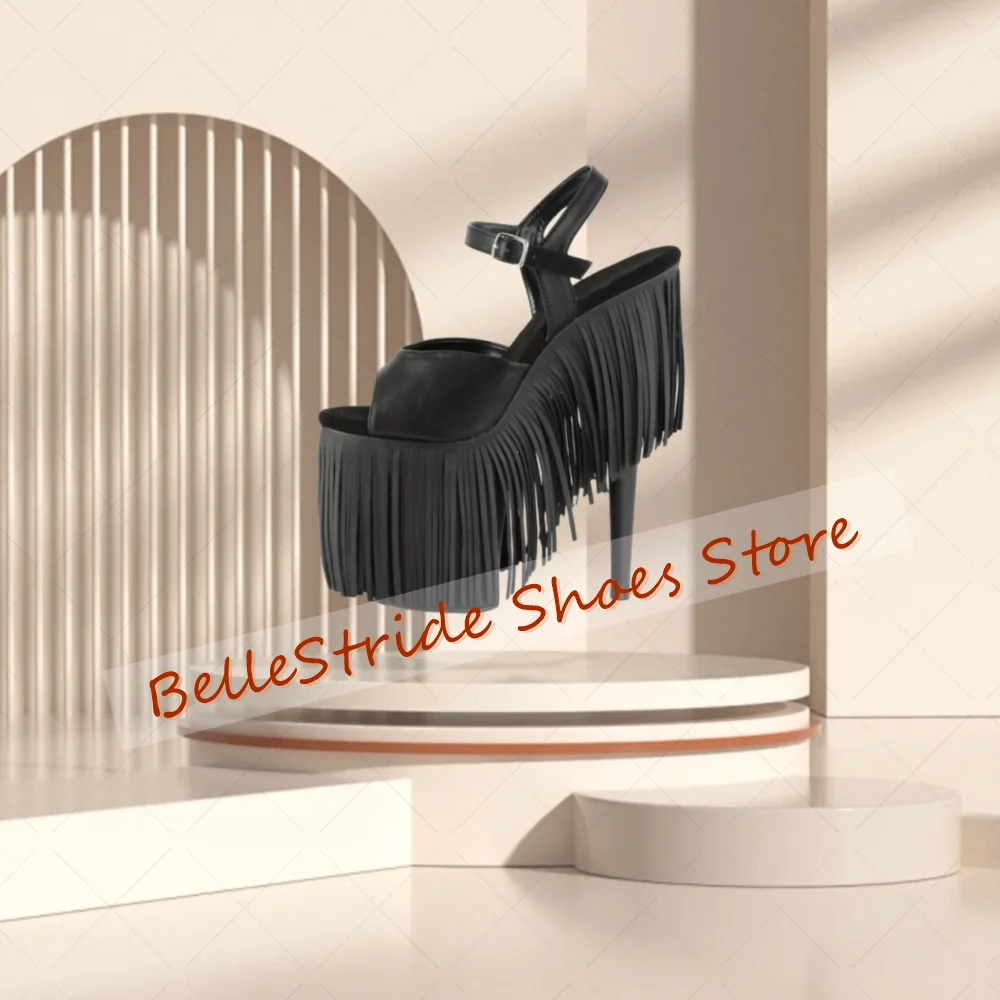 

Black Tassels Decor Peep Toe Sandals Platform Women Shoes Stilettos High Heels Party Banquet Dating 2025 Zapatos Para Mujere