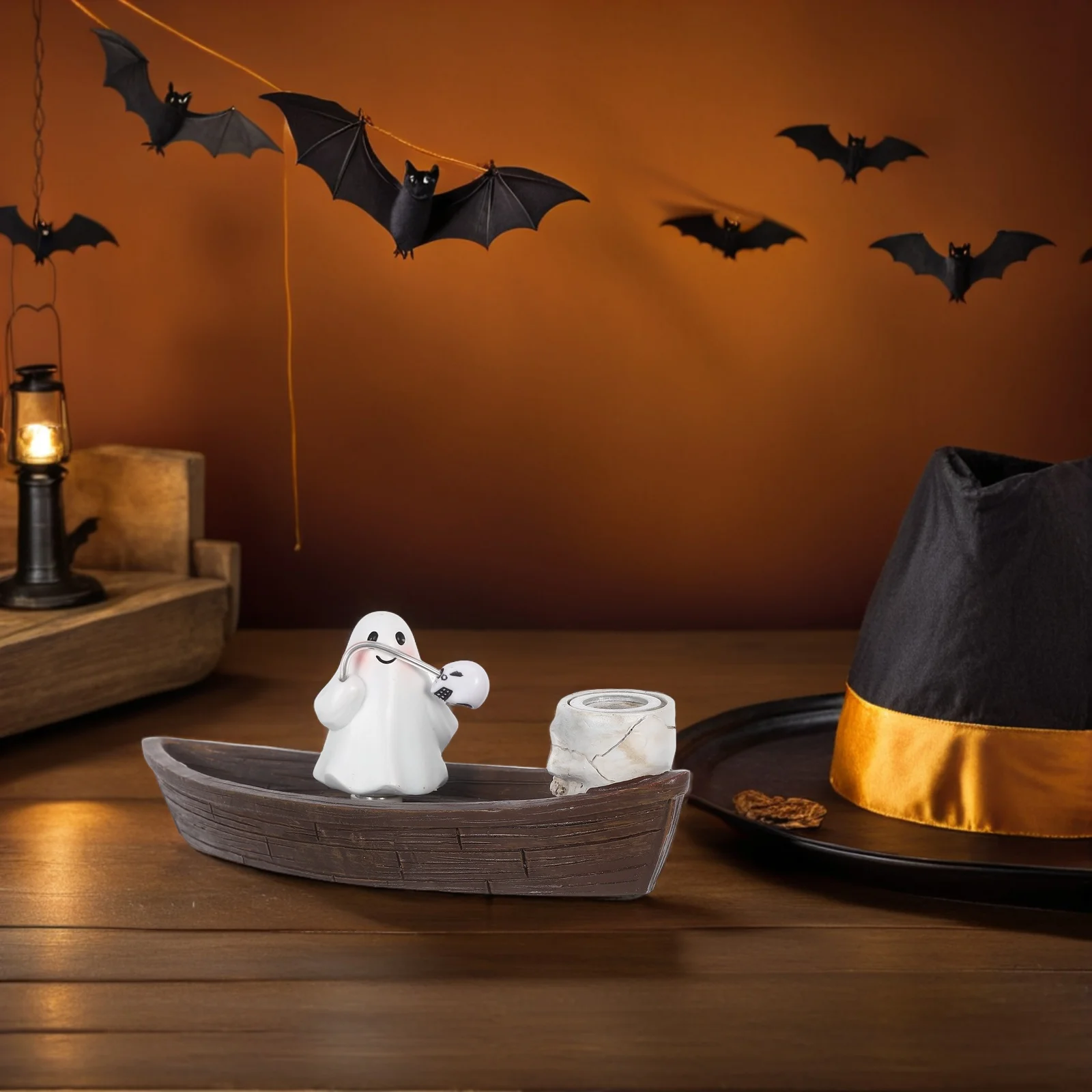 

Halloween Resin Incense Burner Ghost Decoration Small Boat Aromatherapy Incense Holder Spooky Tabletop Home Decor Halloween