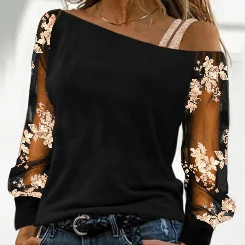 2024 Spring Summer New Women\'s Printed Casual Mesh See-through Sequin Stitching Long-Sleeved Top