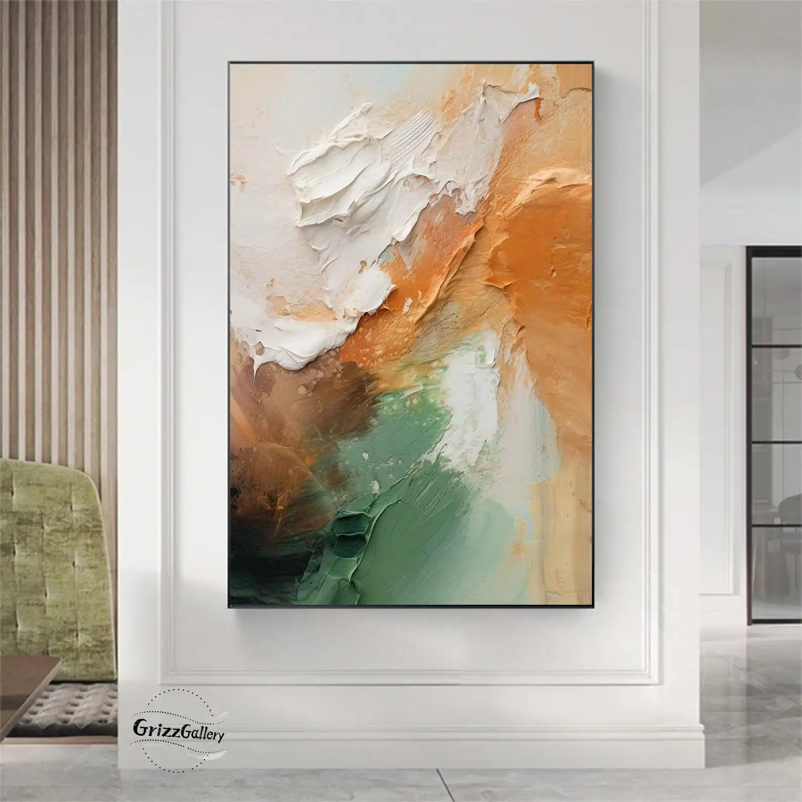 Mhemyo Original Orange Green Abstract Expressionism Hand Painted Oil Painting Large Textured Wall Art For Living Room Home Decor