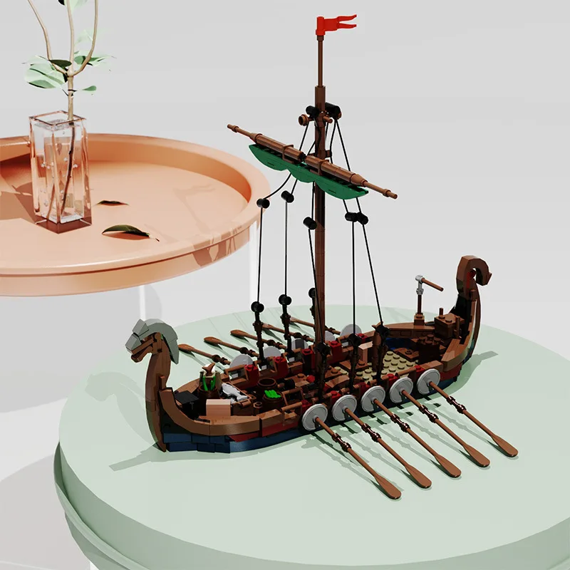 MOC Viking Longship Medieval Military Warfare Pirate Ship Building Blocks Creative Sailboat Brick Toys Children's Christmas Gift