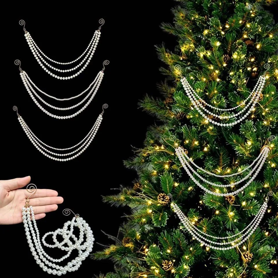 1/2/3Pcs 3-layer Christmas Tree Pearl Chain Pendant Simulated Pearls White Xmas Tree Hanging Beads Chain with Hanging Hooks