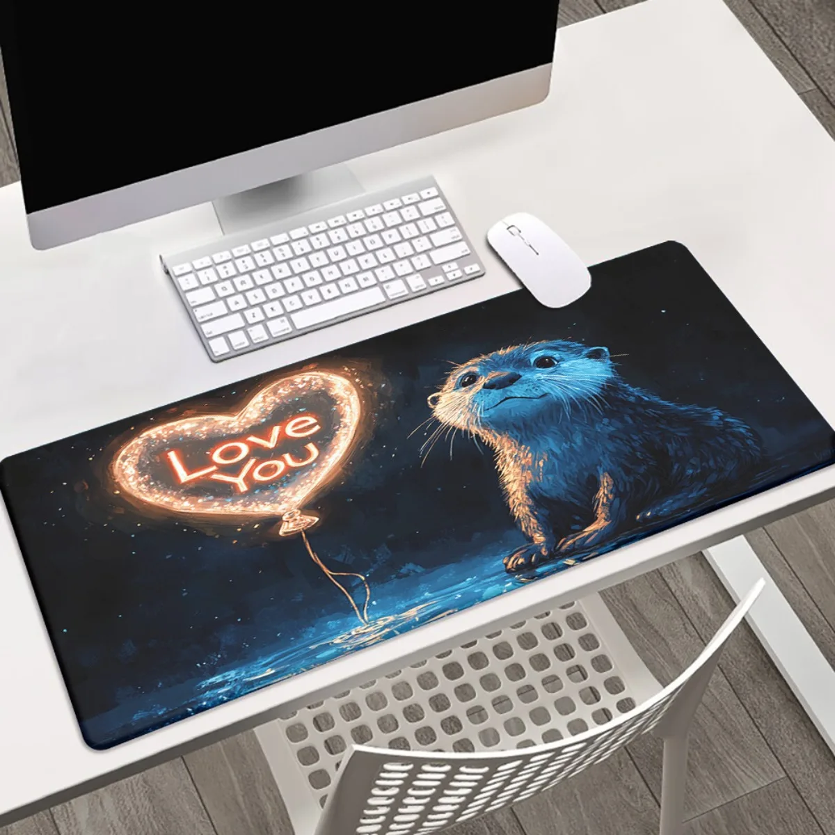 1 lontra accanto al cuore - palloncino in parttern scuro Tappetino stampato HD per scrivania, tappetino per mouse XXL multifunzionale, mouse da gioco con tastiera