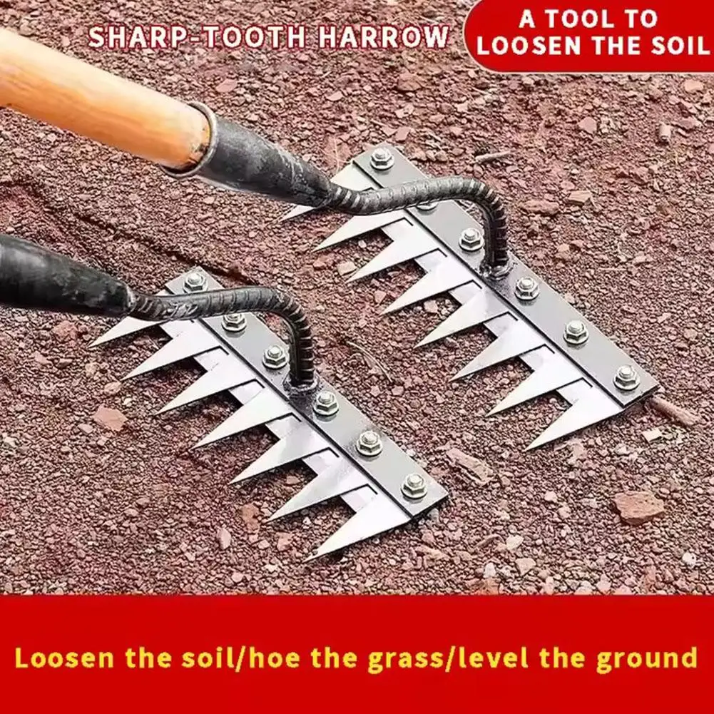 5/6/7/8 Teeth Iron Gardening Hoe Weeding Rake Farm Tool Grasping Raking Loosening Soil Nail Rake Tool Artifact Harrow Farm Tool
