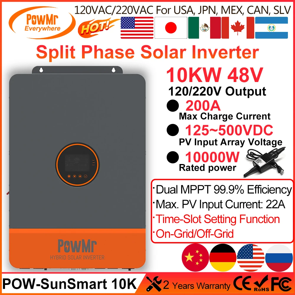 

PowMr Split Phase Hybrid Solar Inverter 10KW Rated Power 120/240VAC Output 48V LithiumBattery Dual MPPT Tracker 200A Charger