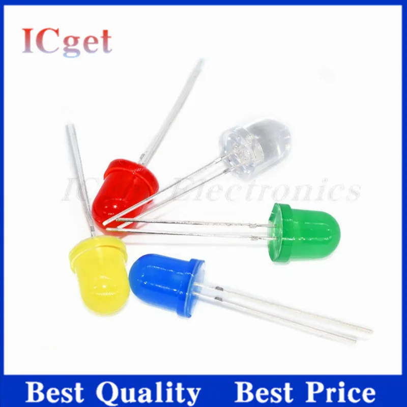 10mm LED 5 Colors Red Blue Yellow Green White Transparent 150mA 0.75W Ultra Bright Round LED Light Emitting Diode Lamp