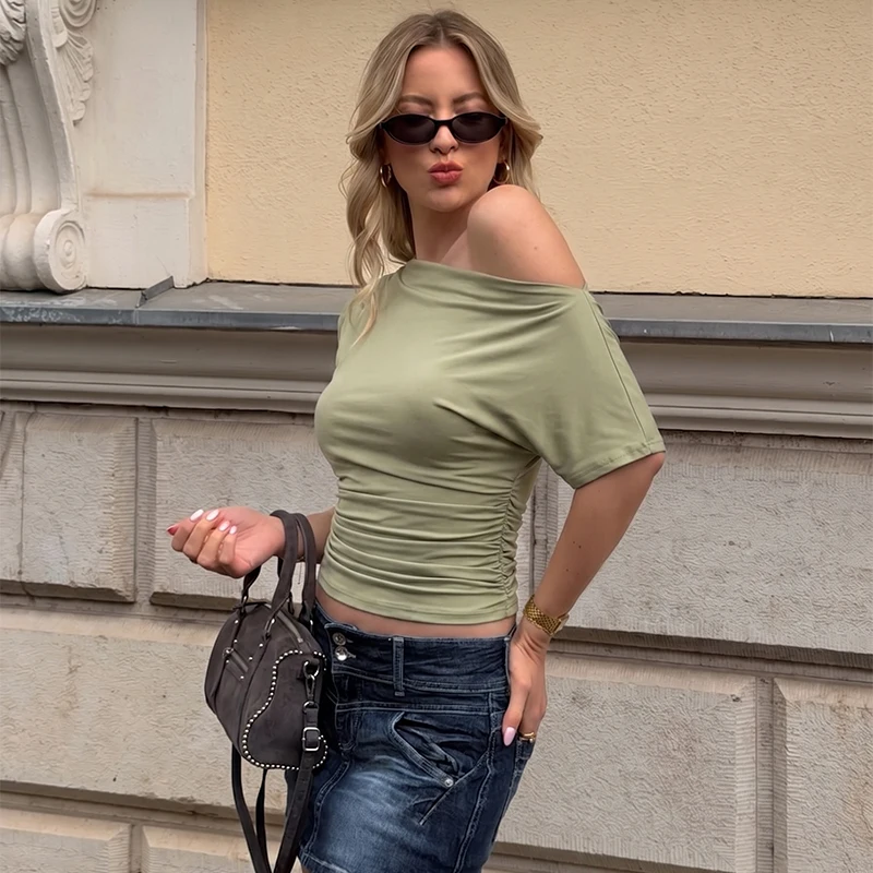 Sommer One-Shoulder-Tops Modische Schlanke Kurzarm-T-Shirts Sexy Party Y2k Streetwear Einfarbige Pullover-Tops Damen 2026 Neu