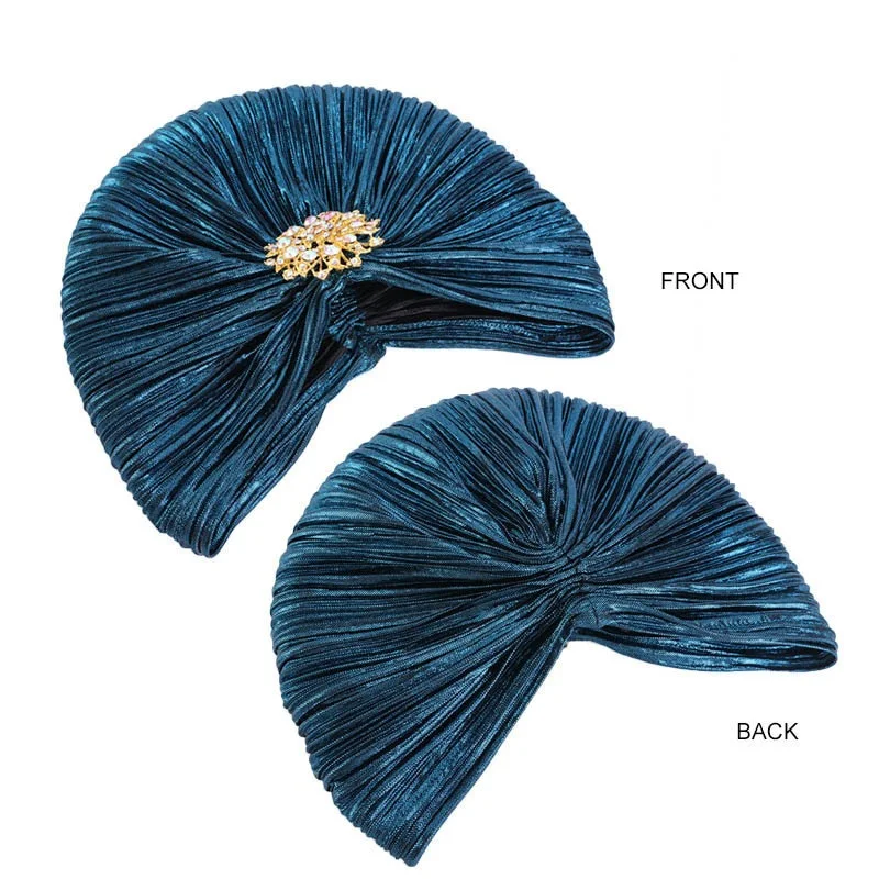 New Women Gold Silver Diamond Jewel Turban Hats Chemo Bandana Hijab Pleated Indian Cap Turbante Hat Ladies Hair Accessories Hat