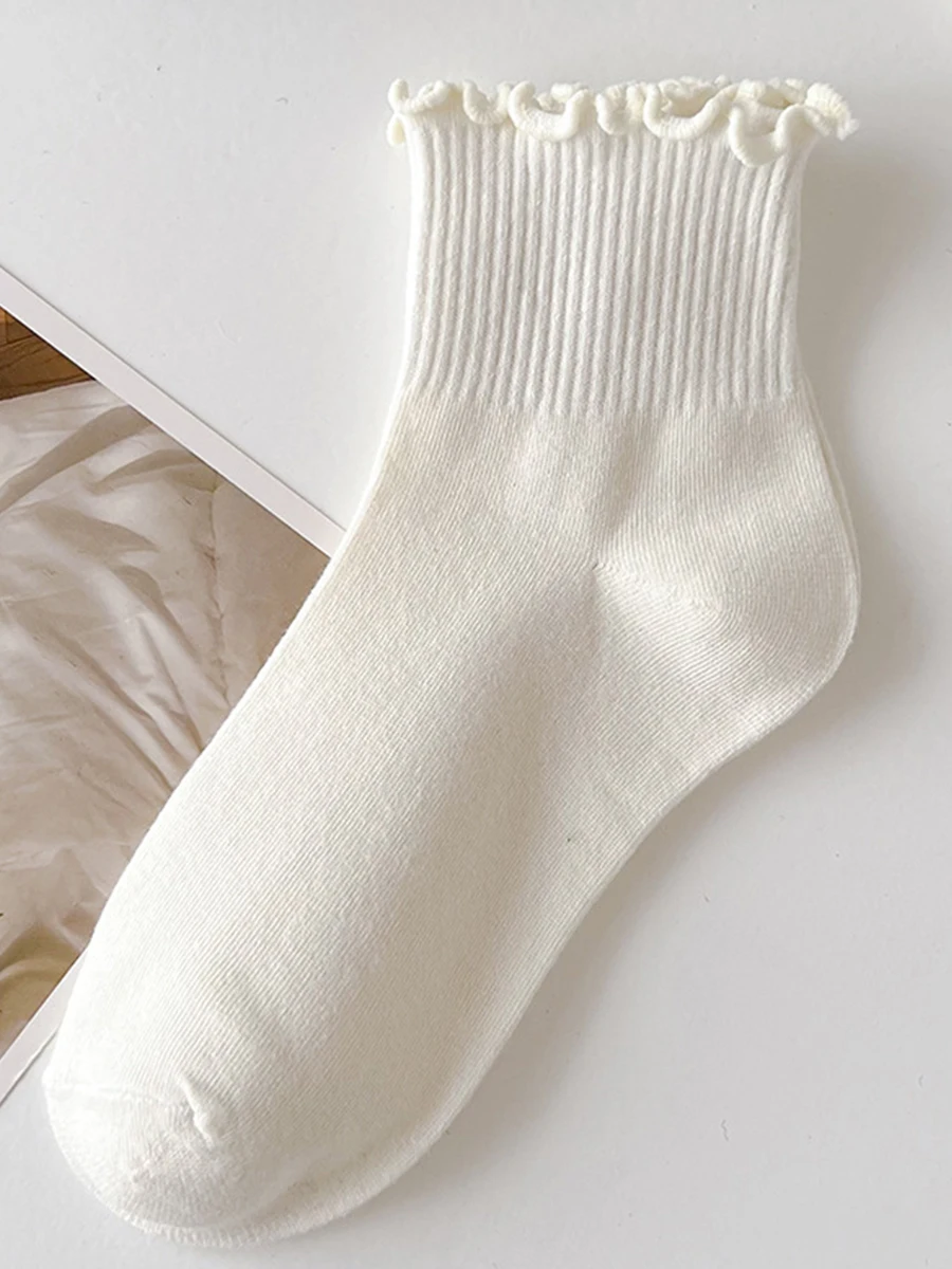 5 أزواج من الجوارب للنساء أنبوب كشكش للكاحل قصير قابل للتنفس مكبل أسود أبيض مجموعة ربيع الخريف لينة بلون واحد