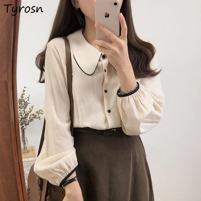 

Button Up Shirts Women Retro Sweet All-match High Street Fashion Gentle Peter Pan Collar Long Sleeve Blouses Girls Preppy Style