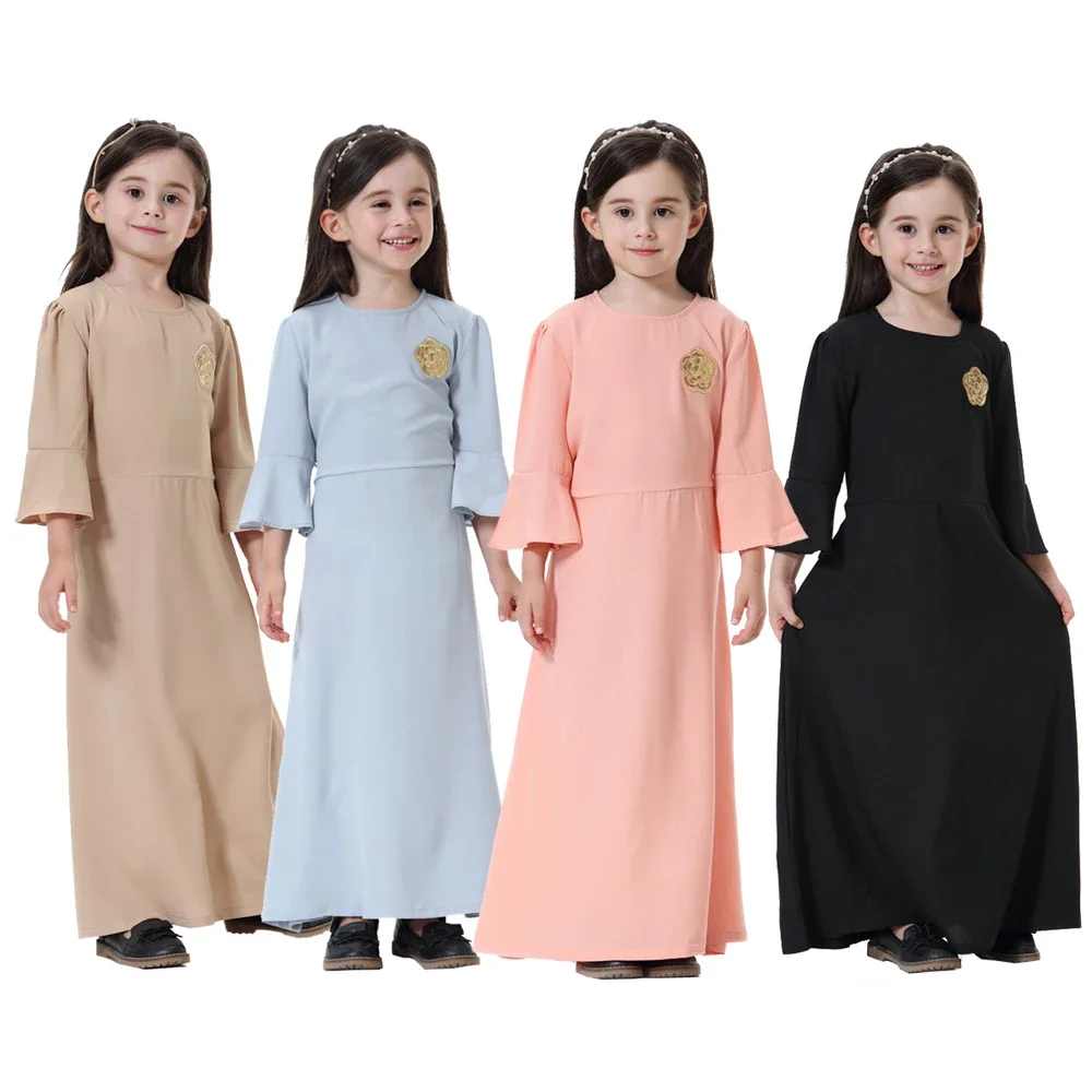 

Cute Muslim Girl Prayer Dress Spring Long Sleeve Kids Abaya Kaftan Tobey Saudi Jabba Robe Southeast Children Applique Maxi Dress