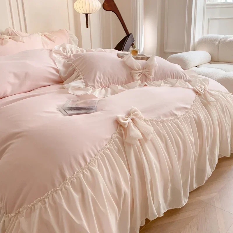 Chiffon Lace Bedding Set Pink France Romantic Princess Wedding Ruffles Bow Soft Duvet Cover Bed Sheet Pillowcases Home Textile