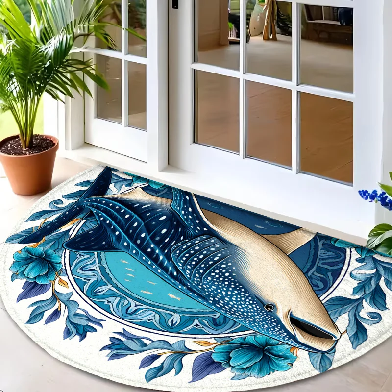 Blue White Spotted Whale Shark Motif With Ocean Waves Oval Commercial Entrance Rug Welcome Doormat For Aquarium Shop