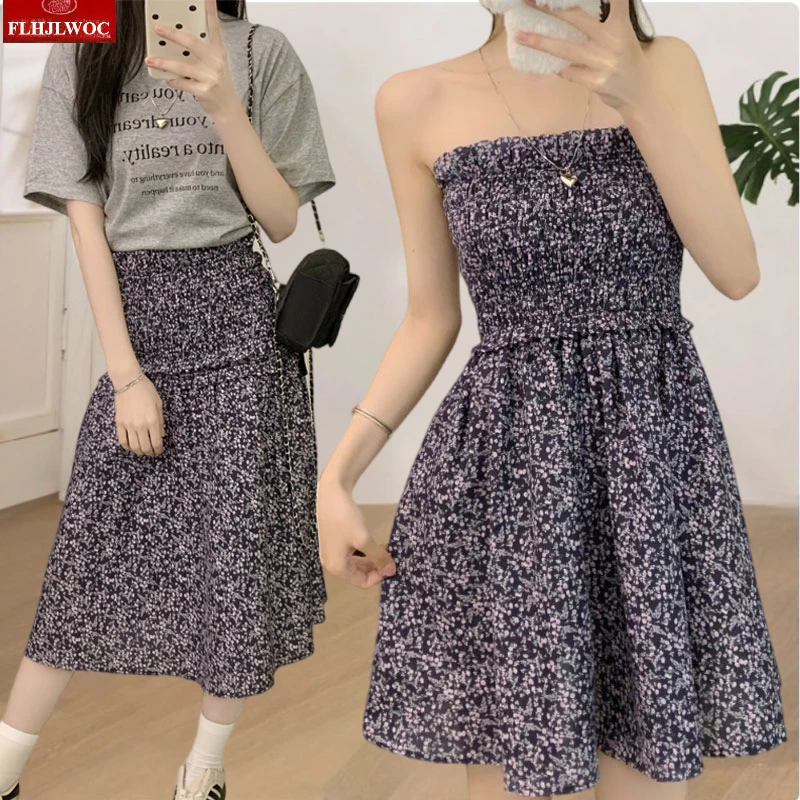 Two way to wear Dresses Cute Lolita Style Girls Summer Date Holiday Beach Flower Floral Print Retro Strapless Mini Dress