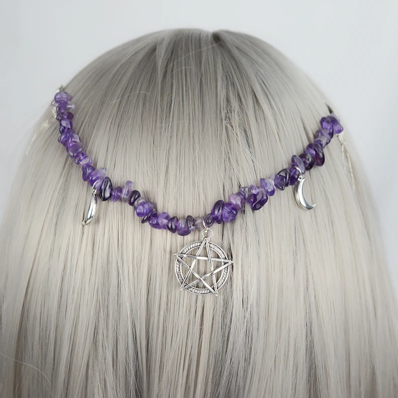 Witch Crescent Moon Pentagram Natural Amethyst Hairchain Pagan Fairy Hairband for women