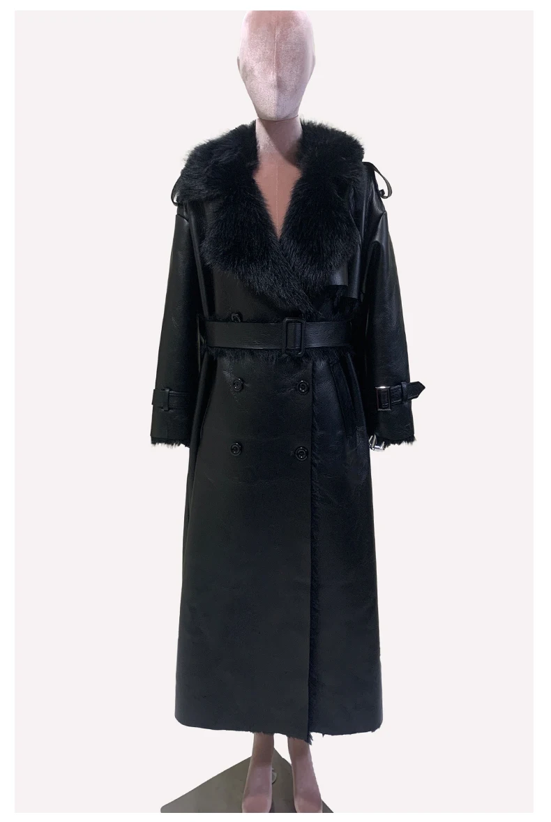 Nerazzurri Winter Long Oversized Thickened Warm Black Fluffy Faux Sheepskin Coat Women Double Breasted Loose Furry Overcoat 2024