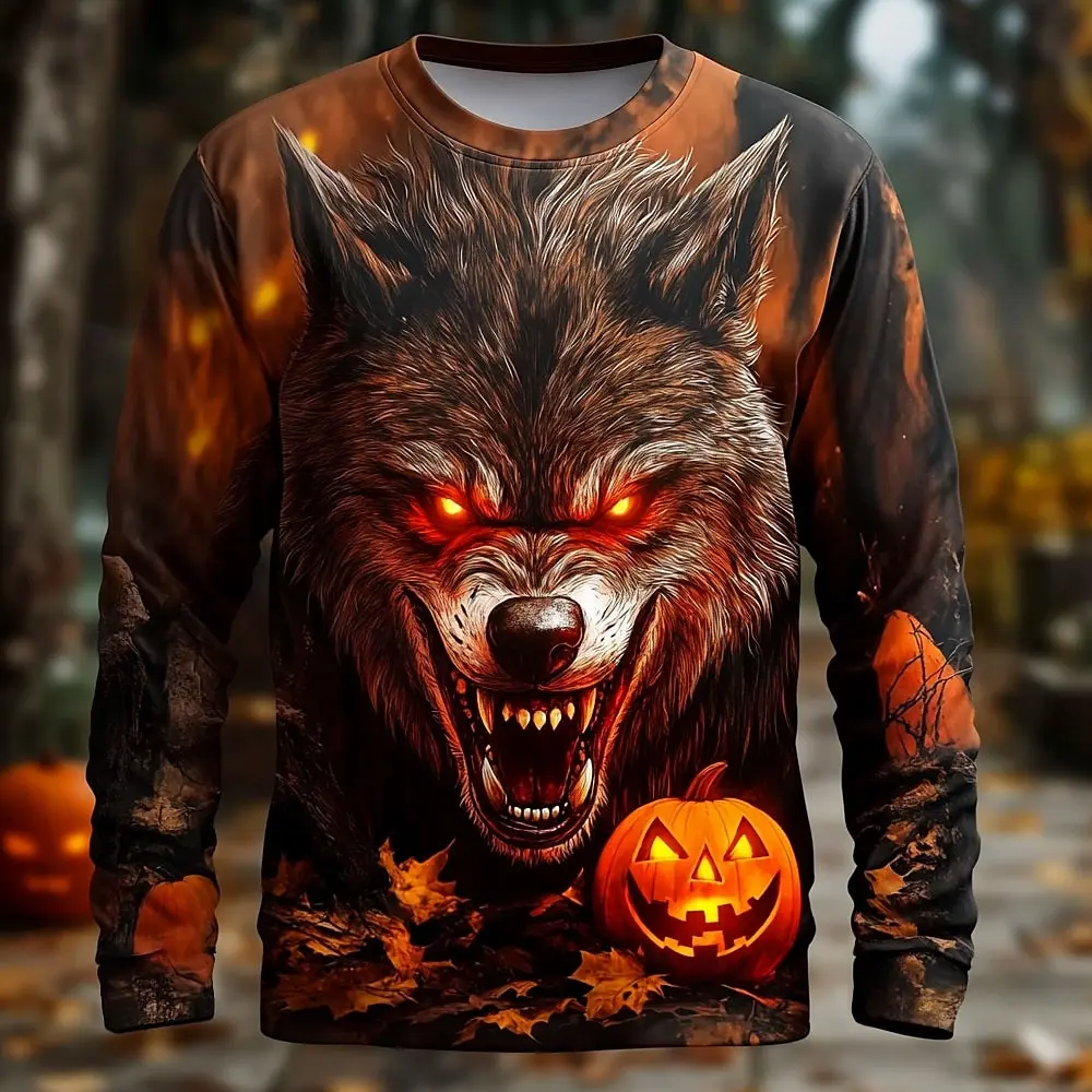 

2025 Fall Halloween Wolf Print Long Sleeve T-Shirts for Men Trendy Streetwear Casual Tops Halloween Theme Casual Tees Winter
