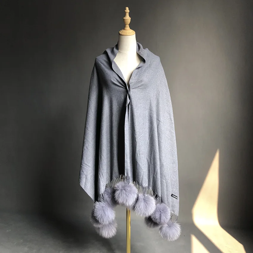 JANEFUR Cashmere Shawl Scarf Women Winter Fox Ball Fur Pom Pom Thick Pashminas Scarf JFD1-21012