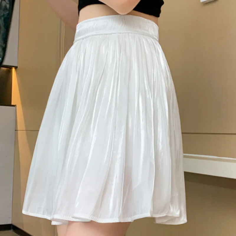 Satin Skirts Women Folds Korean Style A-line Gentle High Waist Fashion Summer Casual Office Lady Solid All-match Popular Chic