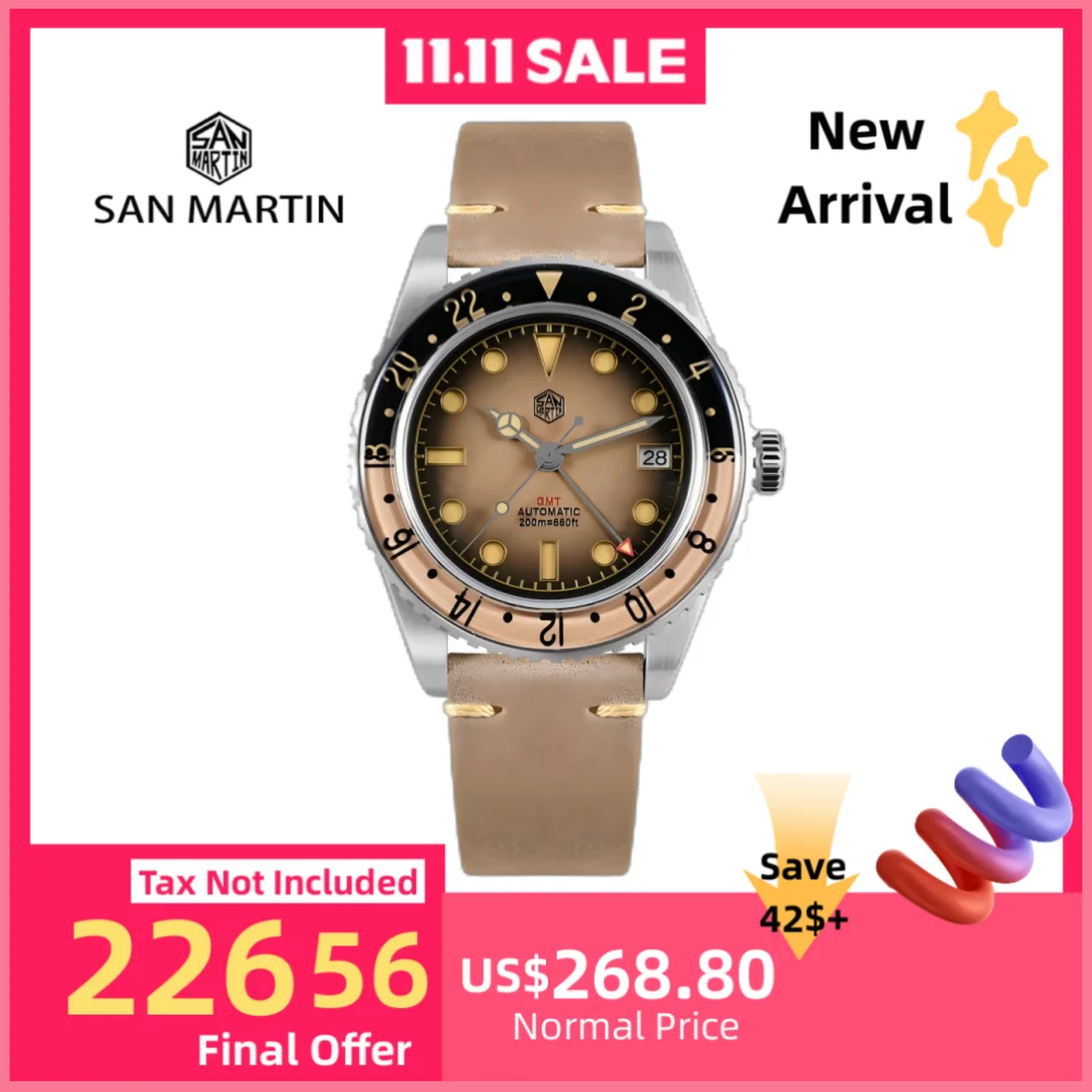 

San Martin 40mm NH34 Retro Gradient Color Dial Men's GMT Watch Automatic Mechanical Sapphire Bezel 20Bar C3 Green Lume SN0134