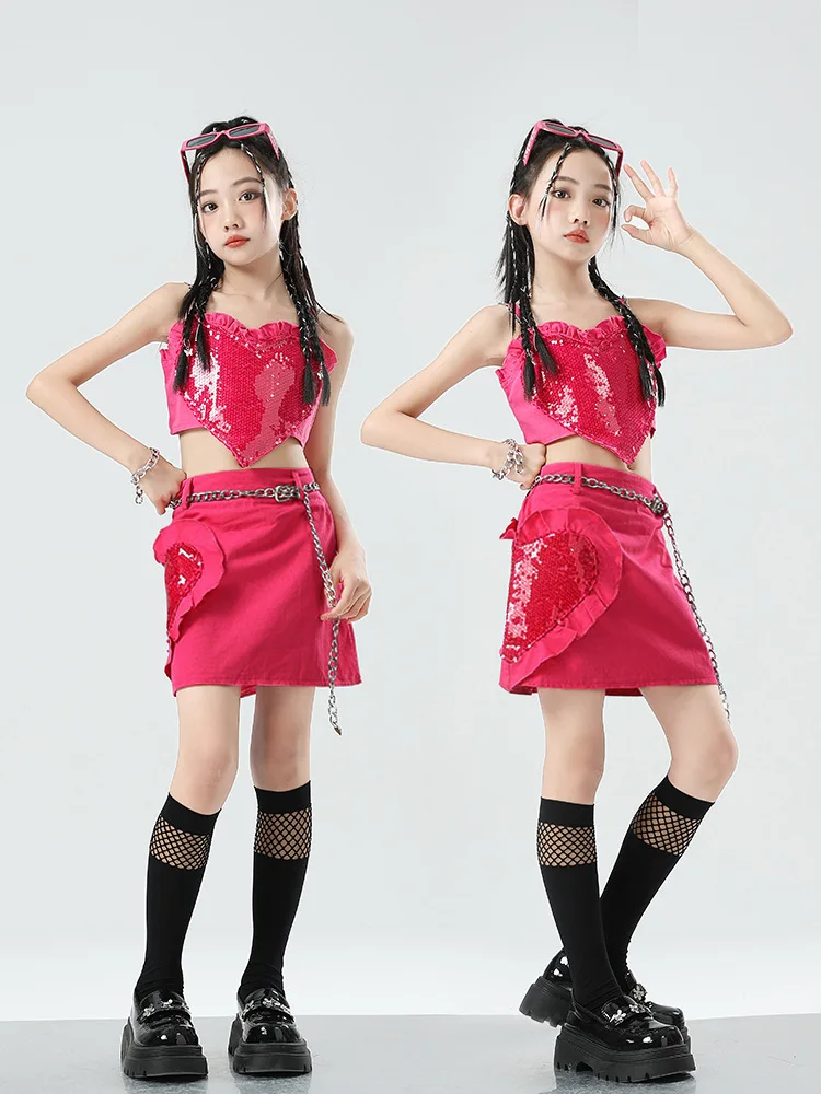 K-pop Clothes Girls Jazz Dance Costume Kids Dance Show Tide Costume Set Pink Set Vest + Skirt Girls Street Dance Clothes